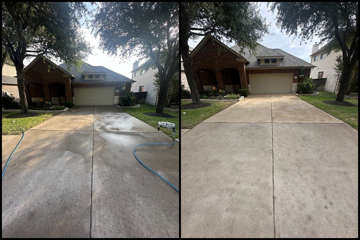 A brick home with stone trim in Round Rock, TX, shaded by mature live oaks. On the left the concrete driveway is grey and blotchy, with a hose run out across it and a surface cleaner standing on the lawn, on the right the same driveway is an even pale tan with the equipment cleared away.