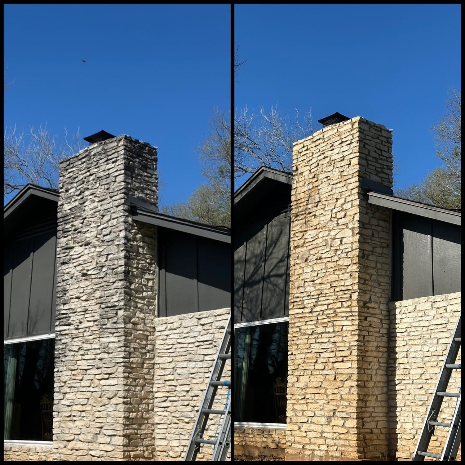A stone chimney darkened by grime before and bright clean after cleaning in the Austin, TX area