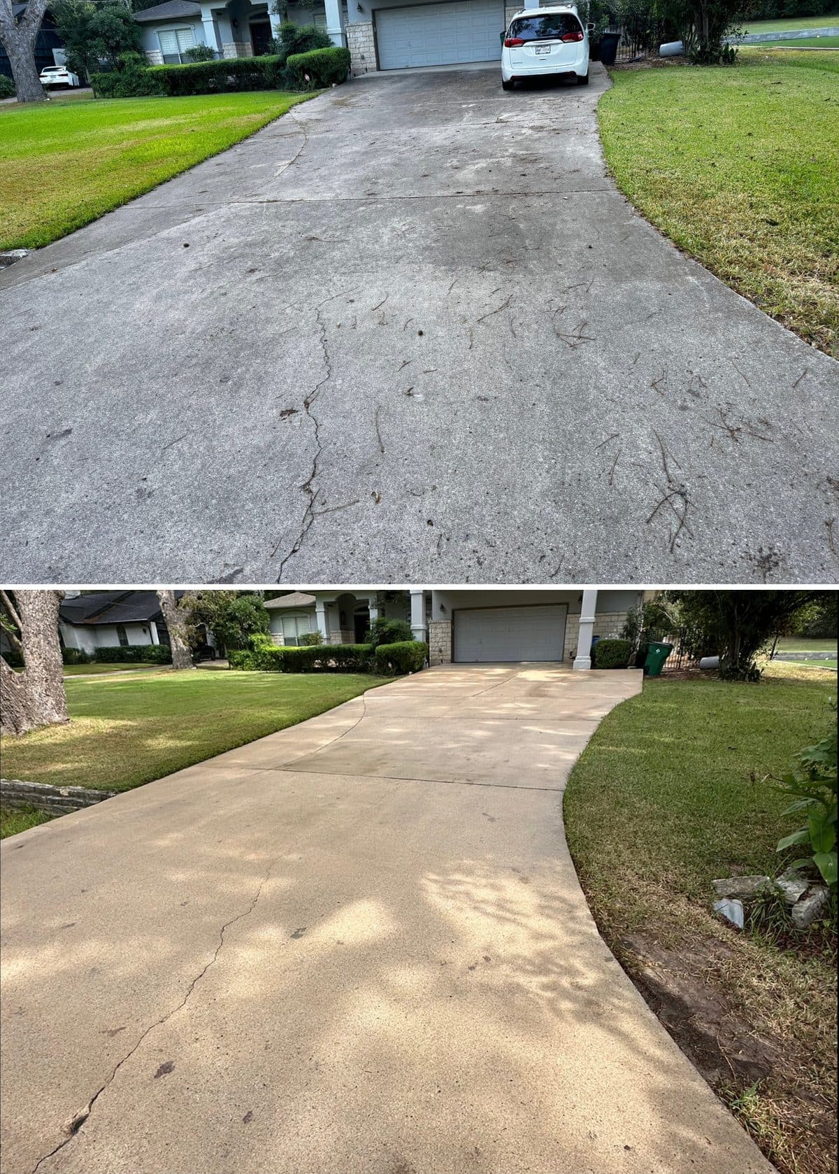 A long concrete driveway leading up to a garage in the Rivercrest neighborhood of Westlake, TX. In the top photo the concrete is grey and blotchy, scattered with twigs and with a long crack running through it. In the bottom photo the same driveway is an even pale tan and clear of debris, with the crack still visible.